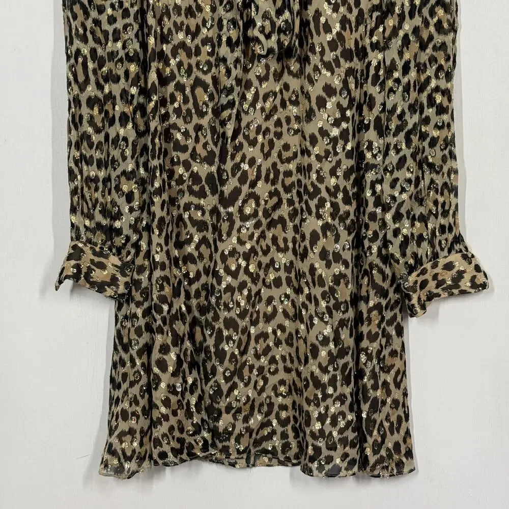 Kate Spade Mini Dress Womens Size 2 Beige Leopard Silk Blend Metallic Ruffle Dot
